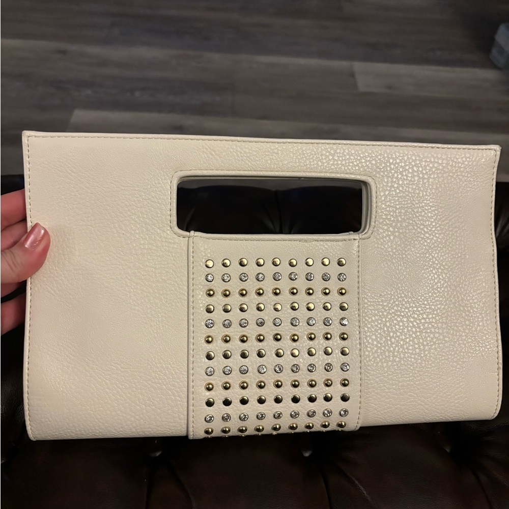 Ivory Clutch with Gold and Rhinestone Embellishments